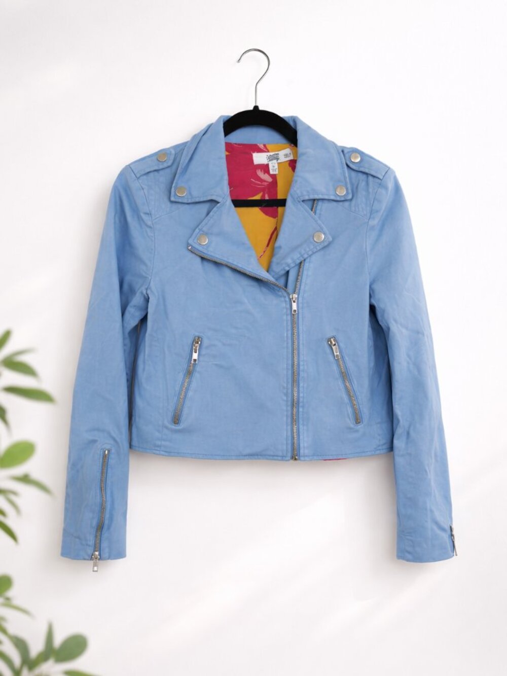 Color Me Courtney Dennis Blue Moto Jacket Cotton Zip Biker Floral Lining Size 4